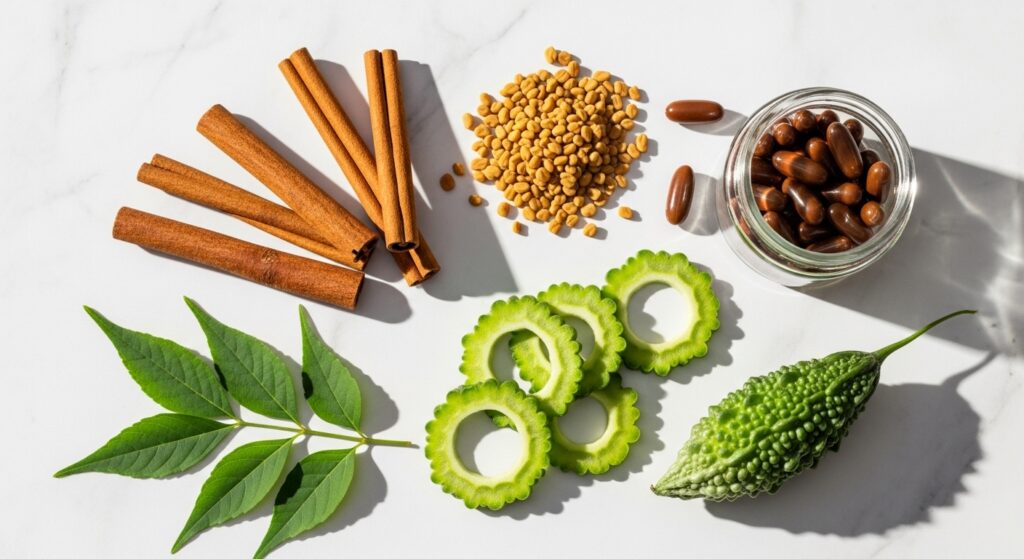 Various natural blood sugar support ingredients arranged on a white marble surface - cinnamon sticks, fenugreek seeds, bitter melon slices, berberine capsules in a glass container, and fresh gymnema leaves