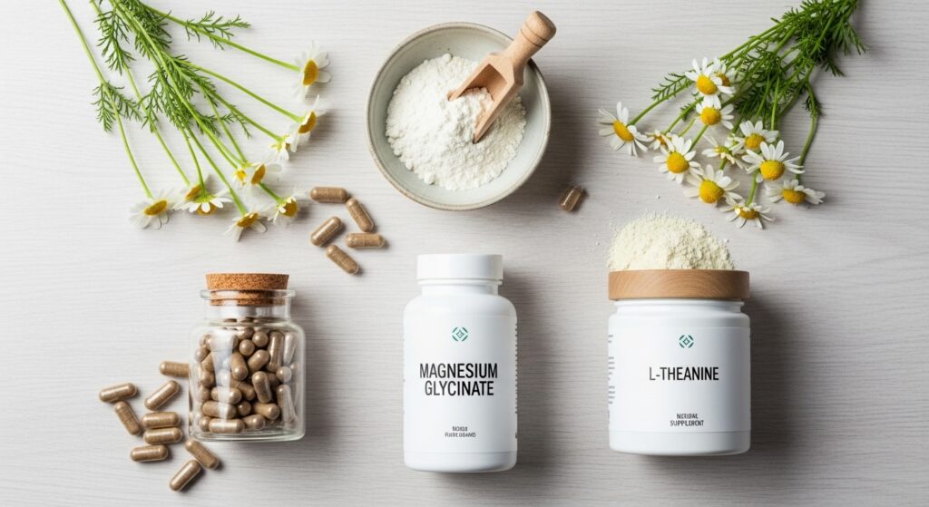 A composition on a light wooden surface featuring five natural sleep aid elements arranged aesthetically: magnesium glycinate bottle, valerian root capsules in a glass container, L-theanine supplement jar, glycine powder in a small bowl, and fresh chamomile flowers