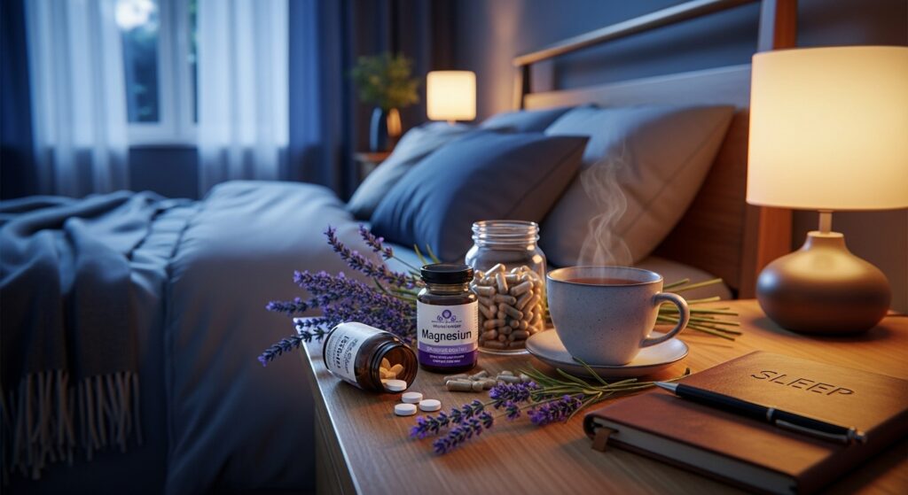 A peaceful bedroom scene at night with soft moonlight streaming through sheer curtains, a nightstand displaying natural sleep supplements including magnesium tablets, valerian root capsules, and a steaming cup of chamomile tea, surrounded by lavender sprigs and a sleep journal