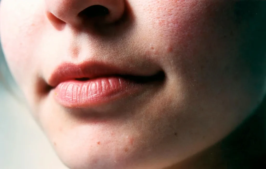 Close-up of a woman's lower face showing lips and skin texture, highlighting fine lines, pores, and natural facial details related to collagen for skin health and aging