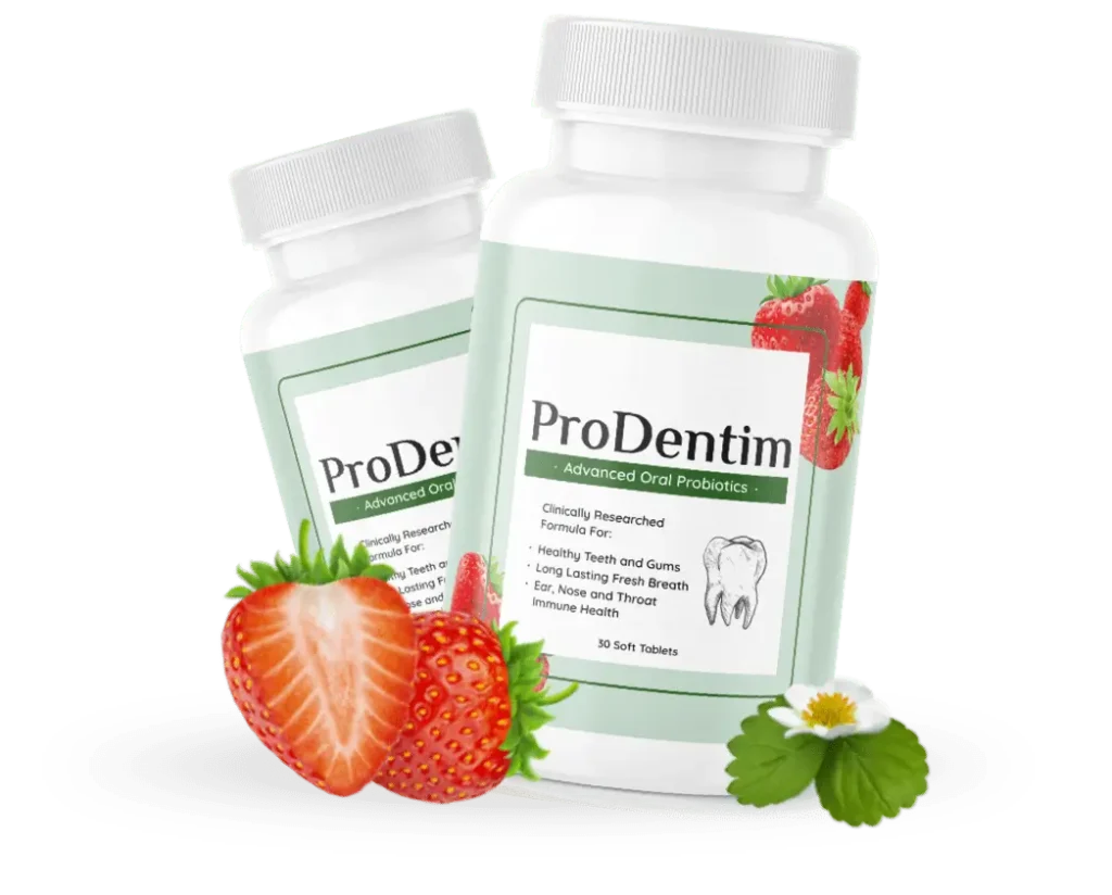 Two ProDentim oral probiotic supplement bottles with strawberry imagery on the label, representing a dental health product for fresh breath and gum support
