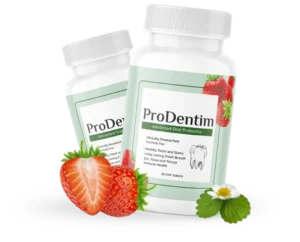Two ProDentim oral probiotic supplement bottles with strawberry imagery on the label, representing a dental health product for fresh breath and gum support