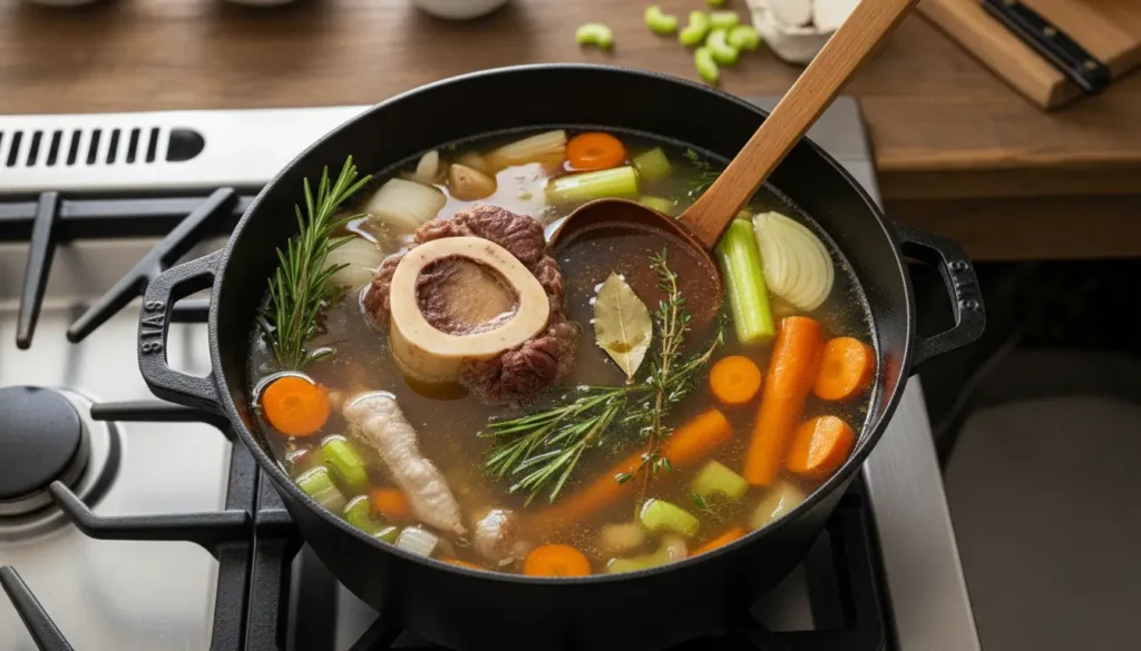 Bone broth cooking in a pot with marrow bone, vegetables, and herbs in clear broth, representing a natural source of collagen, minerals, and gut-supporting nutrients.