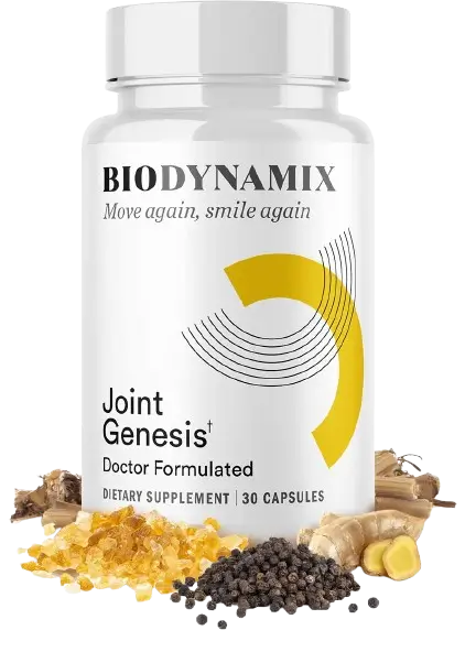 Joint Genesis dietary supplement bottle by Biodynamix with capsules count on label, displayed with natural ingredients like ginger root, black pepper, and resin, representing joint support for bone-on-bone pain.