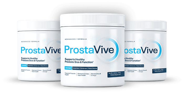 Three ProstaVive supplement bottles displayed together, representing a prostate health formula designed to support healthy prostate size, urinary function, and overall male wellness.