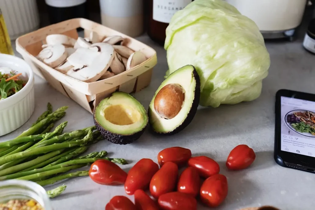 Fresh healthy ingredients including avocado, asparagus, mushrooms, lettuce, and tomatoes on a kitchen counter, representing clean eating for a 28-day metabolic reset plan for beginners to boost metabolism and support weight loss.
