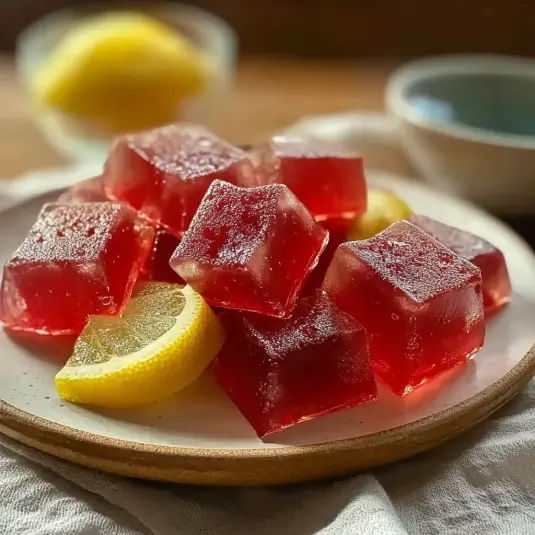 Homemade gelatin weight loss recipe with red gelatin cubes and fresh lemon slices on a plate, illustrating a simple 3-ingredient dessert to reduce cravings naturally.