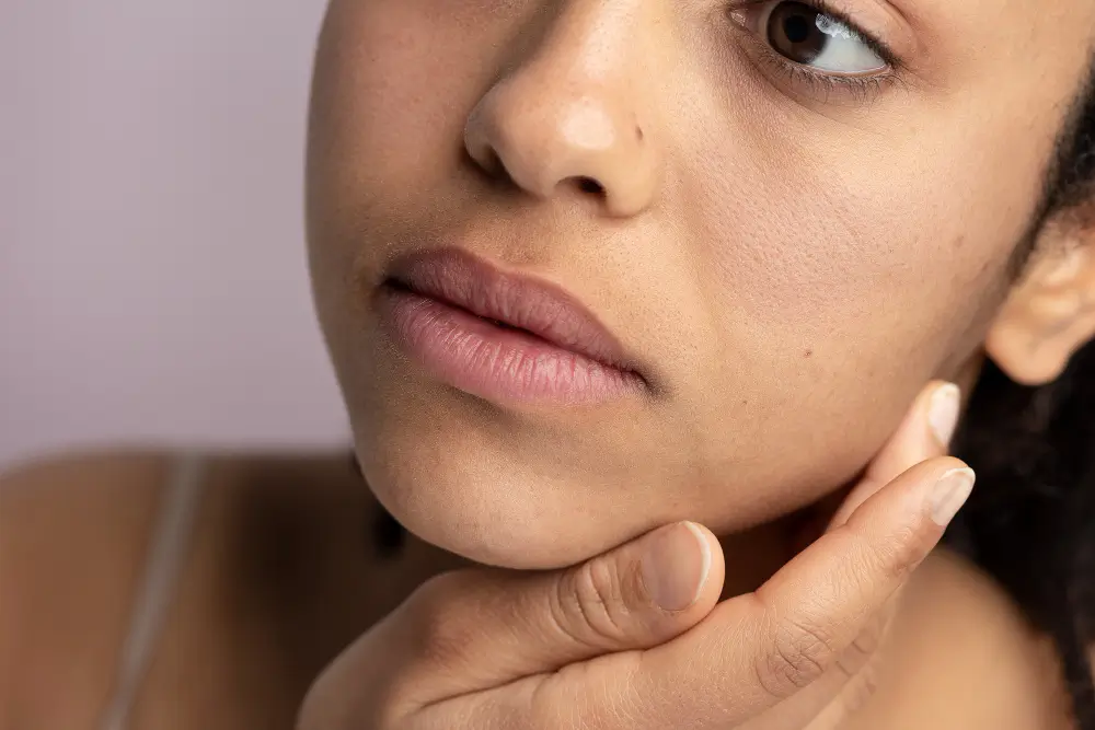 Woman with visible facial dark spots and uneven skin tone, representing natural remedies for dark spots, hyperpigmentation treatment, and brighter-looking skin.