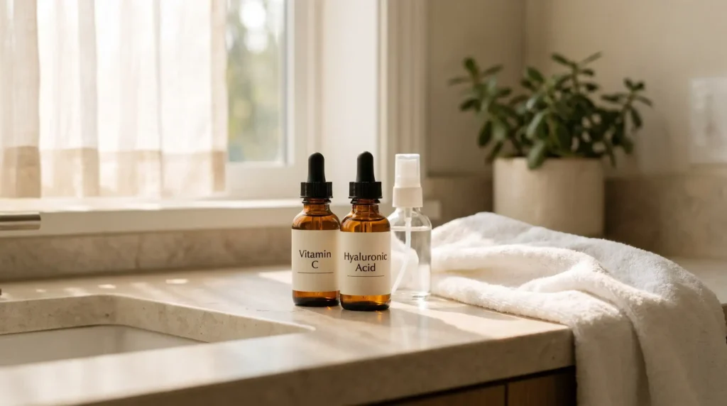 A softly lit bathroom counter scene with two amber glass serum droppers (labeled simply "Vitamin C" and "Hyaluronic Acid" in clean minimal type), a small water mist bottle, and a folded white towel, warm natural morning light