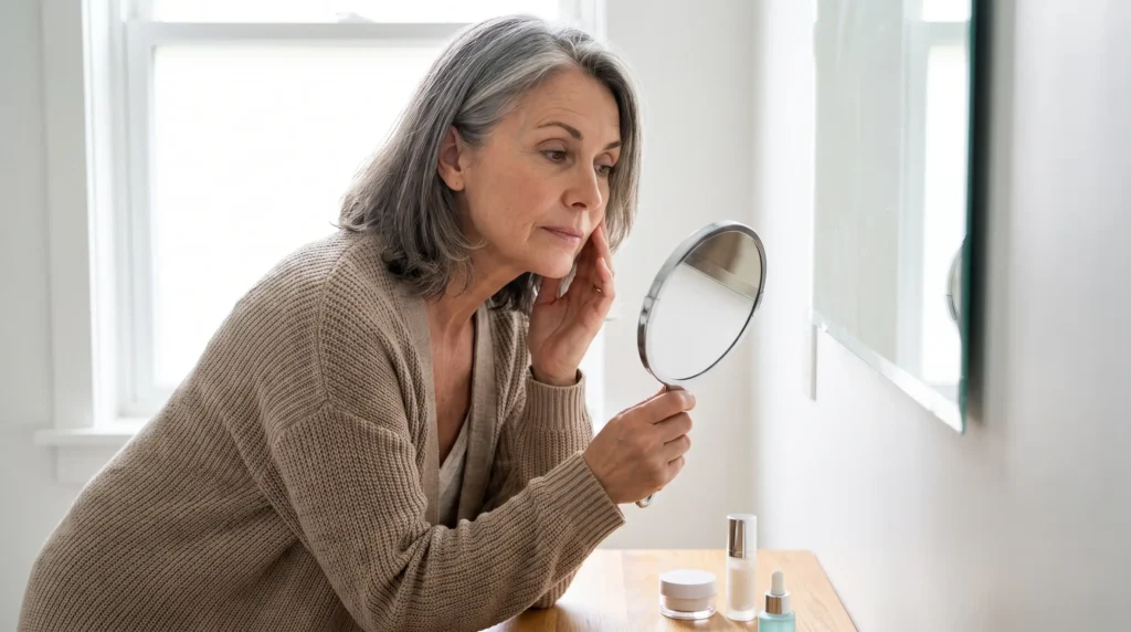 Woman in her 50s examining her skin in a mirror during menopause