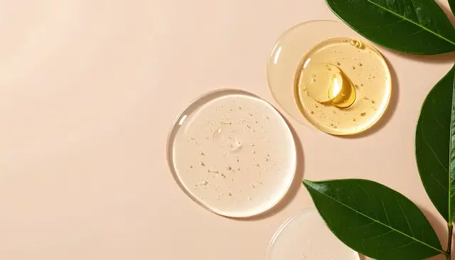 Facial serum next to leaves, representing the plant origin of bakuchiol.