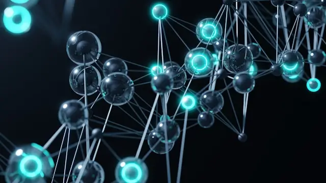 Abstract illustration of interconnected molecular structures with glowing nodes, representing the biological connection between chronic stress, cortisol, and testosterone levels.