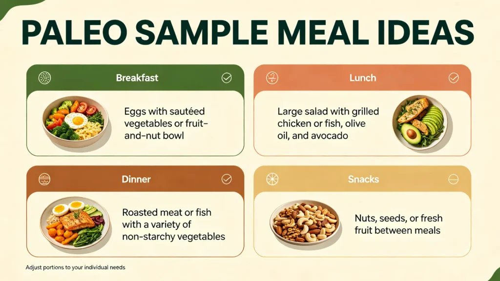 Four sample paleo meals for breakfast, lunch, dinner, and snacks, including eggs with sautéed vegetables, a salad with grilled protein, roasted fish with non-starchy vegetables, and a bowl of mixed nuts