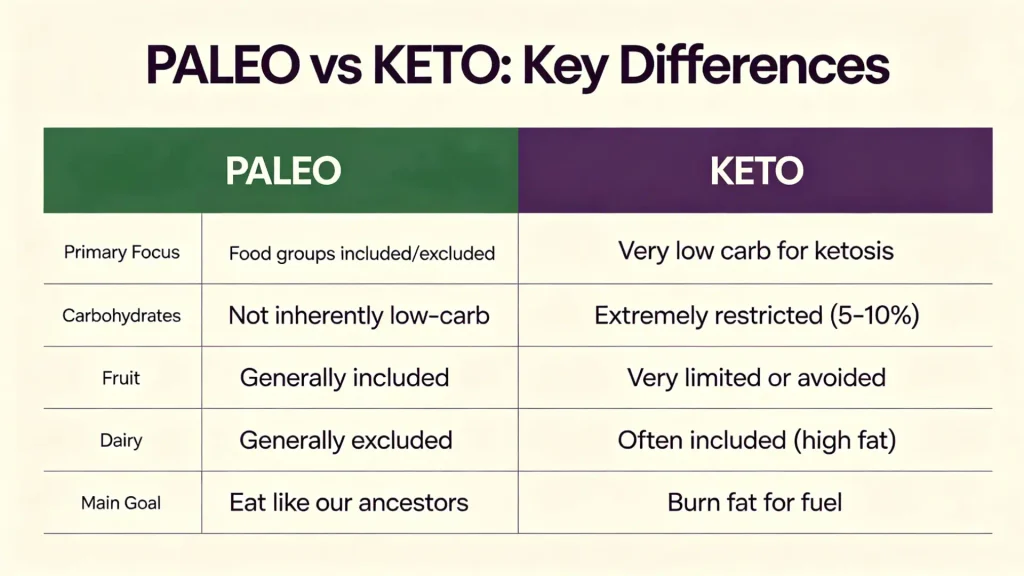 Comparison table showing key differences between the paleo and keto diets, including carbohydrate intake, fruit, dairy, and primary dietary goal