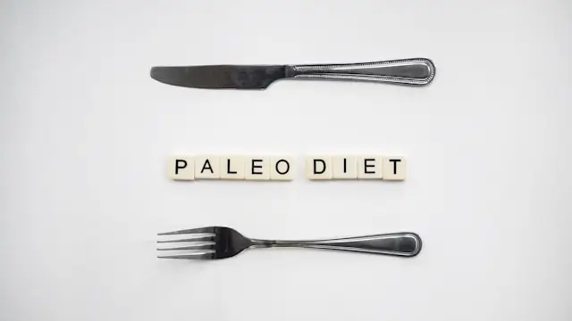 Paleo diet concept with a knife, fork, and letter tiles spelling “PALEO DIET” on a white background.