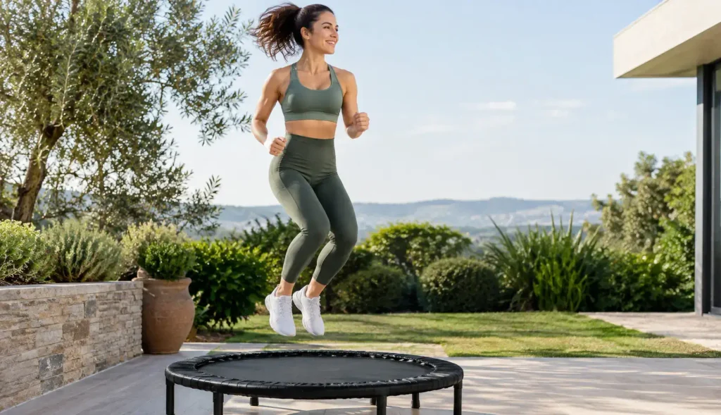 Woman practicing rebounding lymphatic drainage exercise on a mini trampoline
